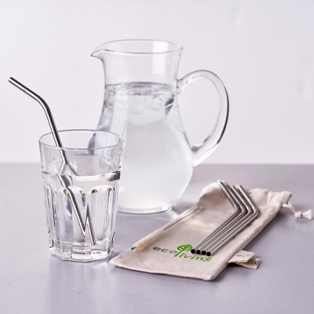 5 Stainless Steel Bent Drinking Straws with Plastic-Free Cleaning Brush & Organic Carry Pouch